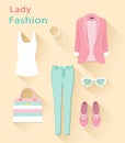 Flat design concept of fashion look. Woman clothing set. Trendy clothes objects