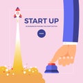 Flat design concept finger push button for startup rocket. Vector illustrate. Royalty Free Stock Photo