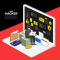 Flat design concept hacker activity cyber thief on internet devi