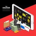 Flat design concept hacker activity cyber thief on internet devi