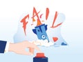 Flat design concept hand push button start up rocket down to text fail. Vector illustrate. Rocket crashed. Failed launch