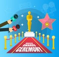 Flat design concept of movie awards ceremony with oscar figurine on the red carpet. Hollywood Walk of Fame. Live report