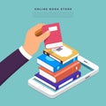 Flat design concept online books store. Hand pick book from internet device. Vector illustrate. Royalty Free Stock Photo