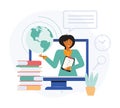 Flat design concept of online education, training and courses, learning, video tutorials. Teacher conducts an online