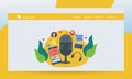 Flat design concept of podcasting studio, digital media content, radio, listening to podcast, social influence, web banner.