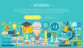 Flat design concept of science. Horizontal banner with scientist workplaces. Scientific research experiment infographics Royalty Free Stock Photo