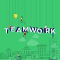 Flat design concept small people working typography word teamwork. Vector illustrate.