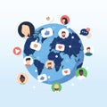 Flat design concept social network. Peoples connecting around the world with line and avatar icon. Vector Royalty Free Stock Photo