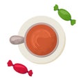 Flat design of a cup of tea or coffee with saucer, a spoon, and colorful wrapped candies. Top view of a hot beverage Royalty Free Stock Photo