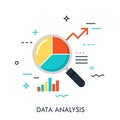 Flat design of data analysis magnifier with pie chart and arrow. Premium quality symbol. Royalty Free Stock Photo