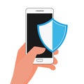 Flat design data security. Hand holding smartphone protect sensitive data. Internet security.