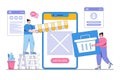 Flat design developer and designer team create online shop on mobile phone concept. Outline style minimal vector illustration