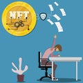 Flat design of digital technology,Young man writing his novel on papers and convert them to NFT - vector