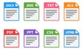 Flat design document file icons set featuring various common file formats for digital information and data management Royalty Free Stock Photo