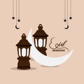 Flat design of eid mubarak with vector lantern and moon