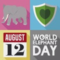 Flat Design with Elephant, Shield and Calendar for World Elephant Day, Vector Illustration
