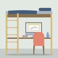 Flat Design Empty Bunk Bed With Workspace