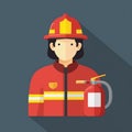 Flat design firefighter icon with red helmet jacket and fire extinguisher Royalty Free Stock Photo