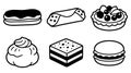 Flat design front view pastry icon set featuring eclair cannoli fruit tart cream puff layer cake and macaron in monochrome Royalty Free Stock Photo