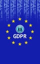 Flat design GDPR padlock is floating in dark blue surrounded with yellow stars and binary code Royalty Free Stock Photo