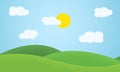 Flat design grass landscape with hills, clouds and glowing sun u