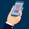 Flat design-hand holding mobile with online shopping-vector illustration Royalty Free Stock Photo