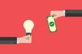 Flat design Hand holds money and hand holds light bulb. Buy idea, investing in innovation, modern technology business concept.