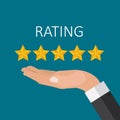 Flat Design Hand with Star Rating. Evaluation System and Positive Review Sign. Vector Illustration
