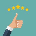 Flat Design Hand with Star Rating. Evaluation System and Positive Review Sign. Vector Illustration