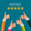 Flat Design Hand with Star Rating. Evaluation System and Positive Review Sign. Vector Illustration