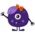 Flat design happy cartoon purple girl monster in hi position with orange bow isolated on white background. Royalty Free Stock Photo
