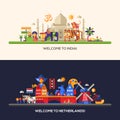 Flat design Holland, India travel banners set Royalty Free Stock Photo