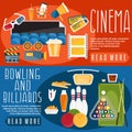 Flat design horizontal banners cinema,bowling and billiards