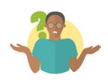 Flat design icon. Black handsome man in glasses doubts. Guy with a question mark. Simply editable vector illustration