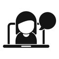 Flat design icon of a customer service representative with speech bubble on a computer screen