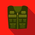 Flat design icon of hunter vest. Deep green.Cartoon style