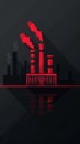 Flat design icon: simple factory silhouette, no smoke from stacks, single red downward arrow above, implying shutdown
