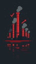 Flat design icon: simple factory silhouette, no smoke from stacks, single red downward arrow above, implying shutdown