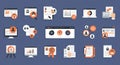 Flat design icons on a dark blue background depict various digital and marketing