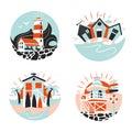 The flat design icons with lighthouses, beach huts, lifeguard houses, and palm trees