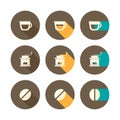 Flat Design Icons with the theme of coffee preparation. Coffee Bean, Grinder und Mug. Vector Illustration