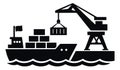 Flat design illustration of a cargo ship and port crane depicting container loading and unloading for global logistics Royalty Free Stock Photo