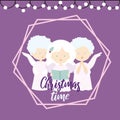 Flat design illustration of a Christmas greeting card with three angels singing carols on a purple background and Christmas time Royalty Free Stock Photo