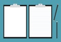 Flat design illustration of clipboard with blank white lined sheet of paper and pencil. Space to add text or graphics, vector Royalty Free Stock Photo