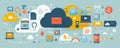 Flat design illustration of cloud computing services with interconnected devices, icons, and digital elements for Royalty Free Stock Photo