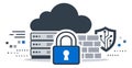 Flat design illustration of cloud and data security depicting network protection with a padlock and shield for Royalty Free Stock Photo