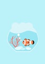 Flat design illustration Clown fish and red coral in fishbowl