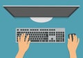 Flat design illustration of computer keyboard, mouse and monitor in office on desk. Hands writing text, vector Royalty Free Stock Photo