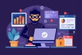 Flat design illustration depicting a hacker manipulating data on a computer with security features in a digital environment Royalty Free Stock Photo