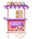 Flat design illustration of donuts car. Mobile retro vintage shop truck icon with signboard with big donut with tasty glaze